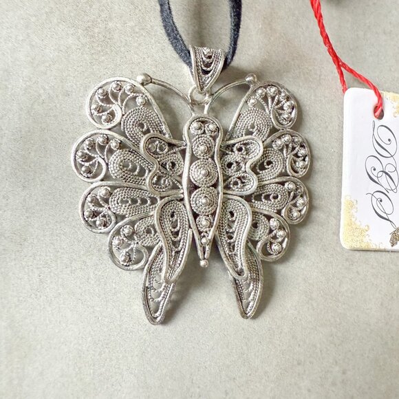 DGS Sterling Silver Filigree Butterfly Pendant 1.75 12gr Lace Black Velvet Cord - Picture 2 of 7